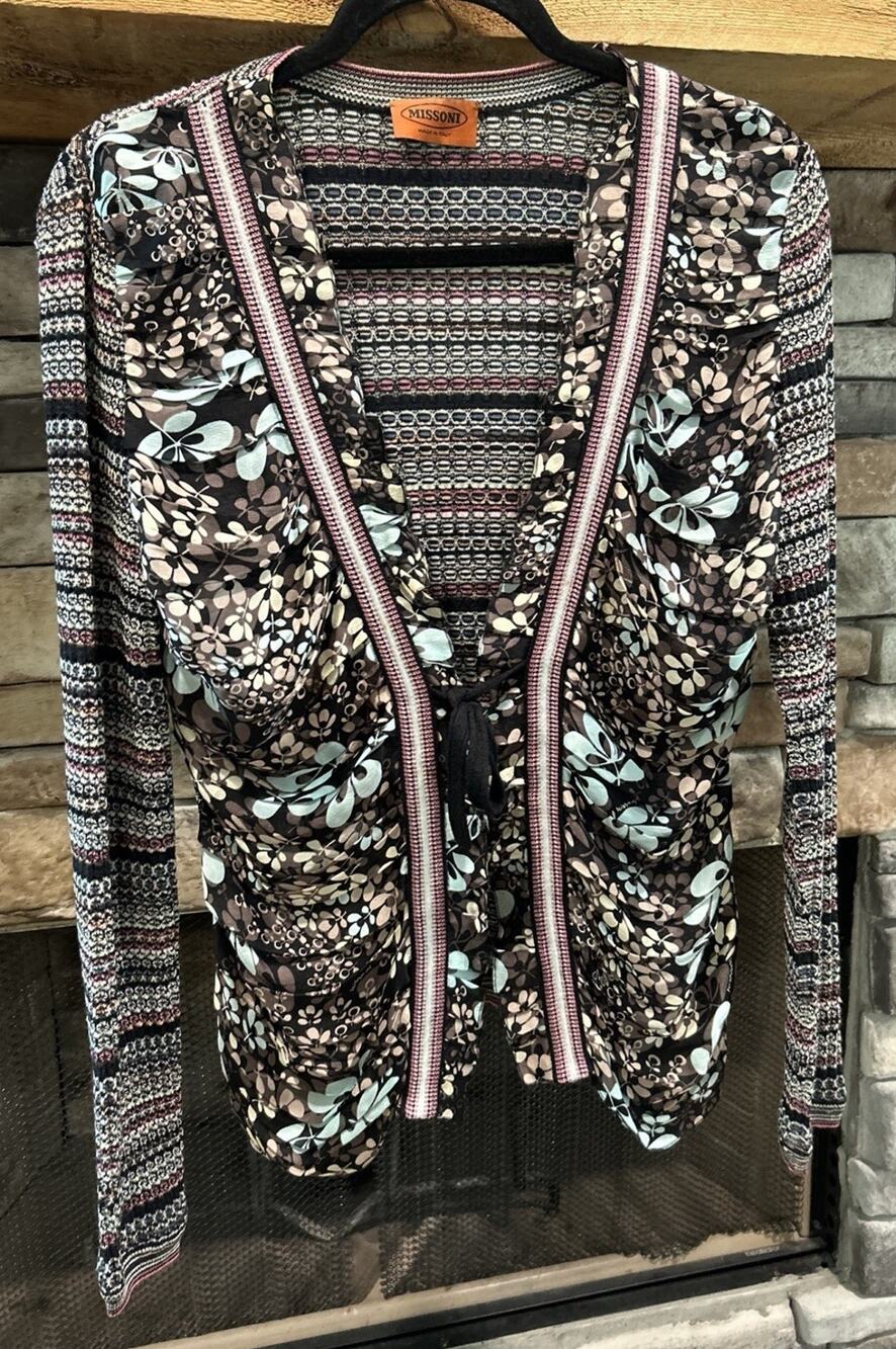 Women’s MISSONI Made In ITALY Floral / Striped Long Sleeve Cardigan Size 44 *B2